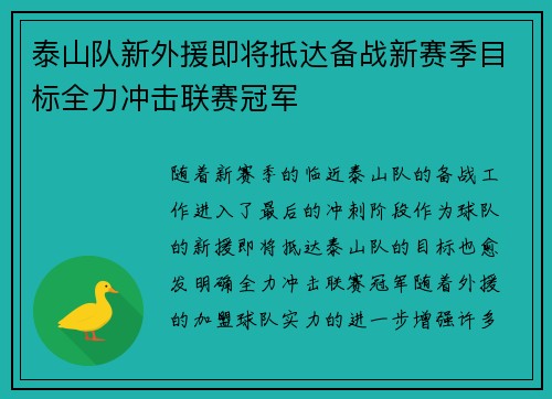 泰山队新外援即将抵达备战新赛季目标全力冲击联赛冠军