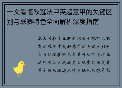 一文看懂欧冠法甲英超意甲的关键区别与联赛特色全面解析深度指南